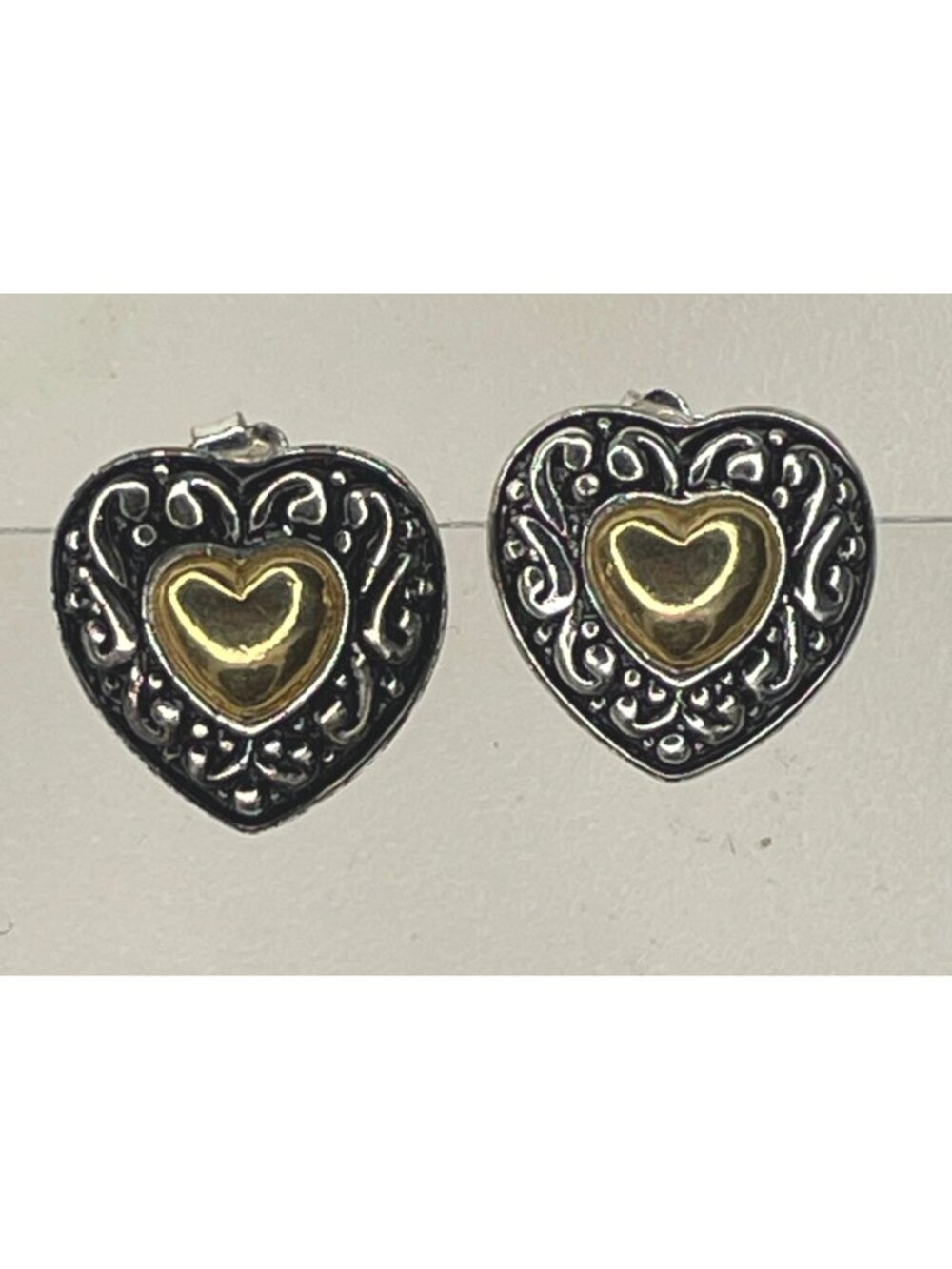 Vintage Avon Nikki Rivera Casual Heart Earrings Two-Tone Gold Silver Filigree St